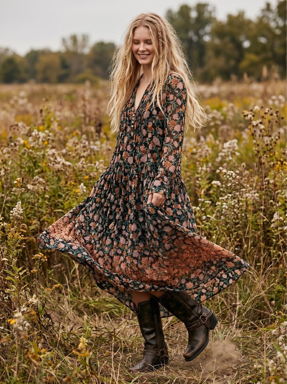 Free People See It Through Maxi Dress in Black Combo Small Floral Prairie Boho
